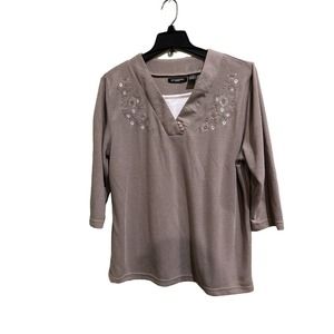 Speculation Women’s Top 1X Plus Taupe Tan Layered Look Embroidered V Neck